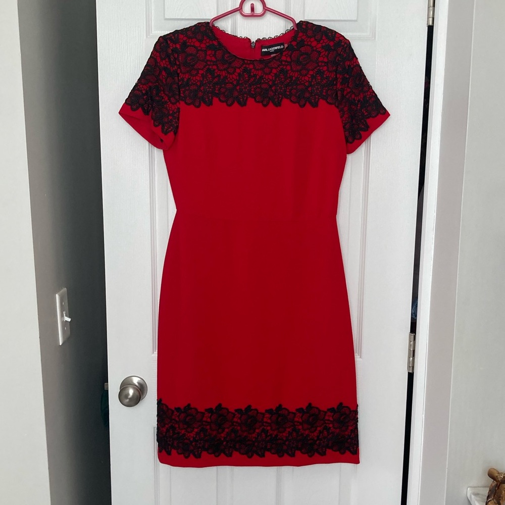 Karl Lagerfeld Red Dress with Black Lace Trim